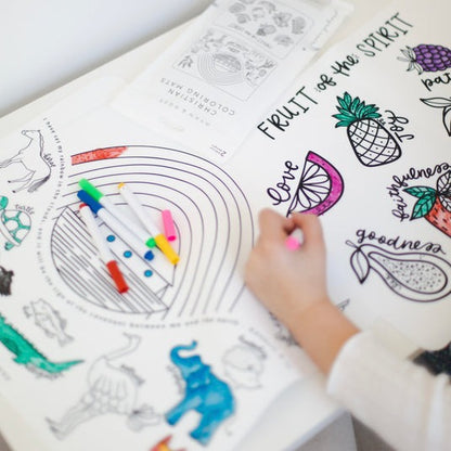 [2 mats + 8 markers] Christian Coloring Mats - Fruit of the Spirit; Noah's Ark