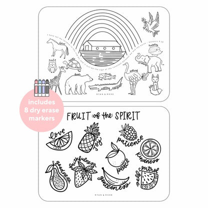 [2 mats + 8 markers] Christian Coloring Mats - Fruit of the Spirit; Noah's Ark