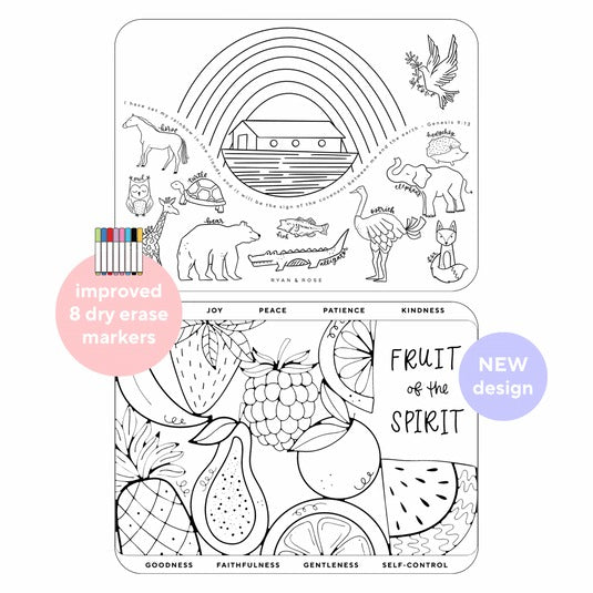 [2 mats + 8 markers] Christian Coloring Mats - Fruit of the Spirit; Noah's Ark