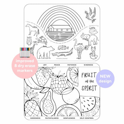 [2 mats + 8 markers] Christian Coloring Mats - Fruit of the Spirit; Noah's Ark