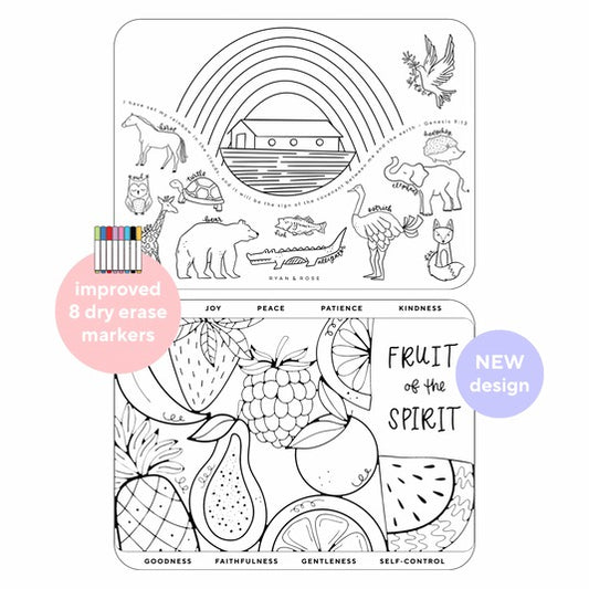 [2 mats + 8 markers] Christian Coloring Mats - Fruit of the Spirit; Noah's Ark