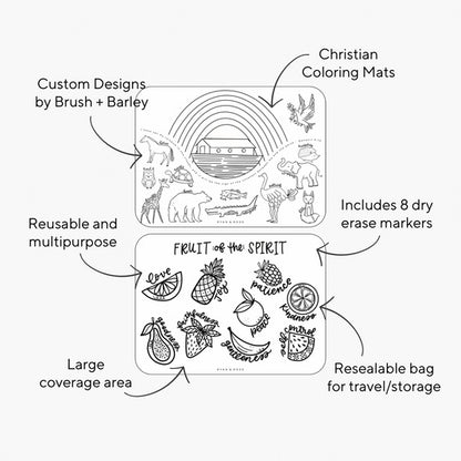 [2 mats + 8 markers] Christian Coloring Mats - Fruit of the Spirit; Noah's Ark